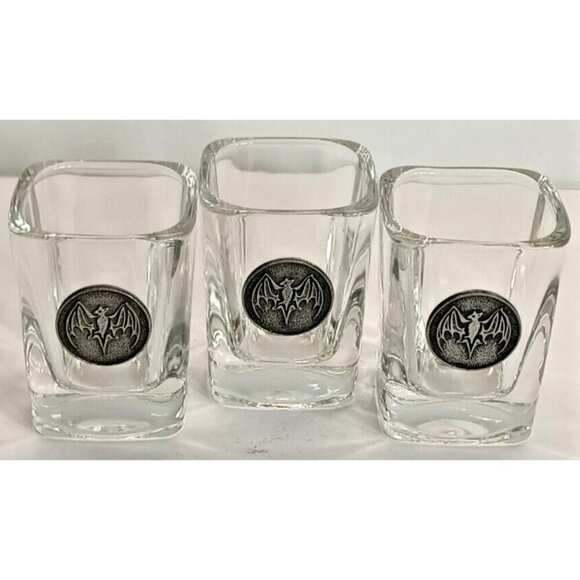 Bacardi Rum shot glasses set of  3 with pewter Bat Logo - Picture 1 of 6